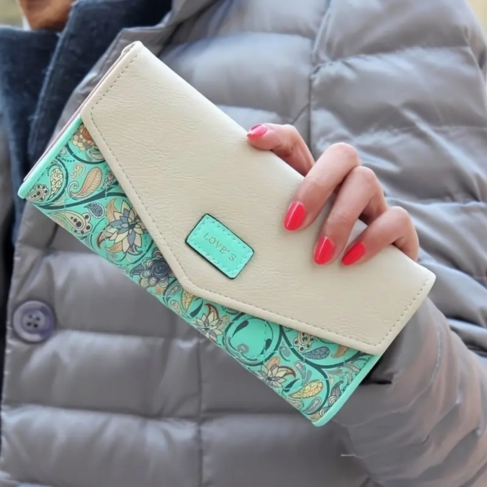 Love Cream and Green Wallet with Floral Design